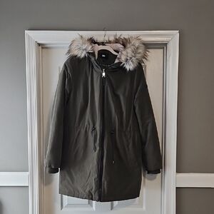 DKNY Women's Olive Parka with Faux Fur Hood